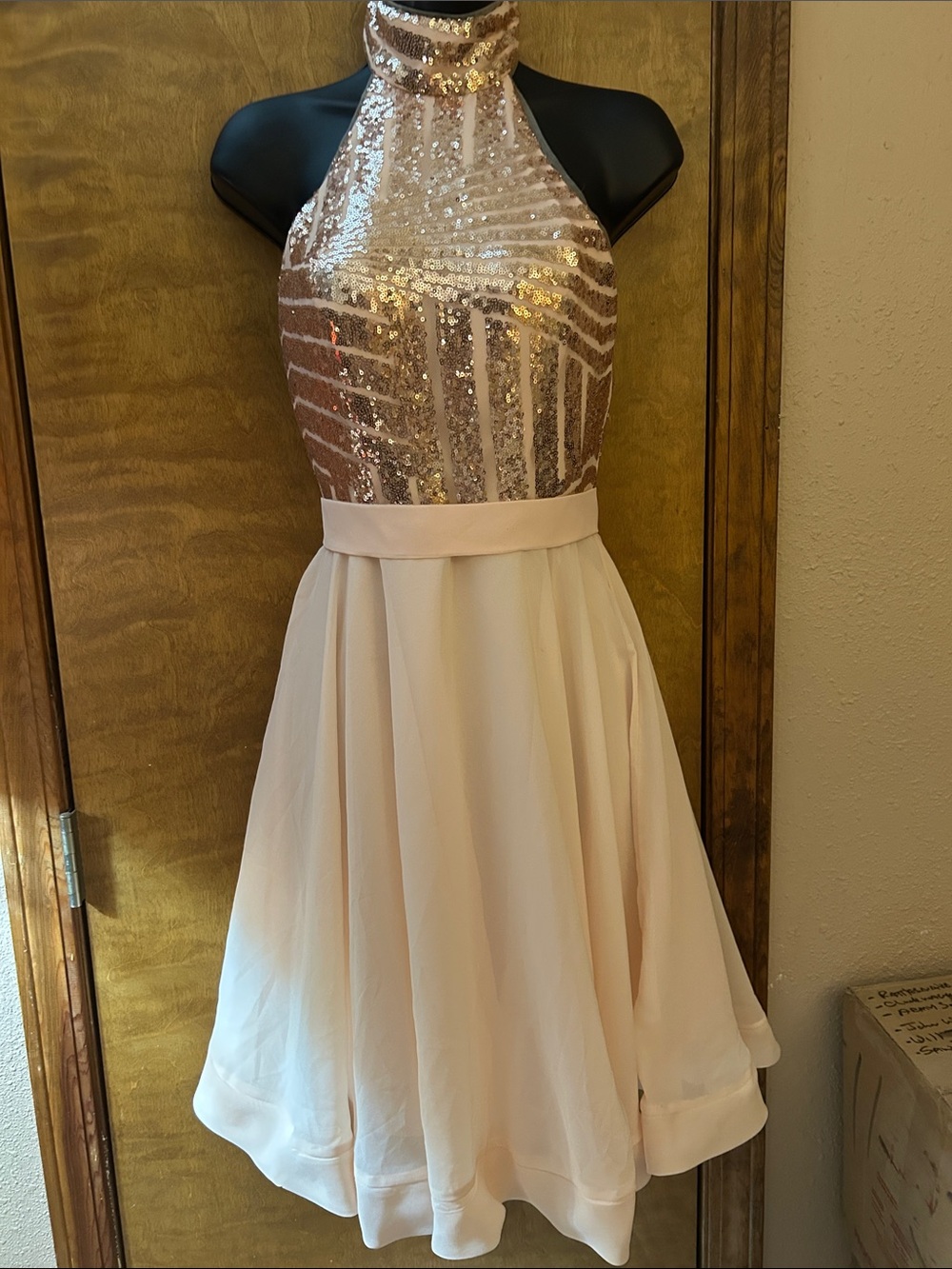 Rose Gold Sequin Halter Dress with Blush Skirt - Homecoming
